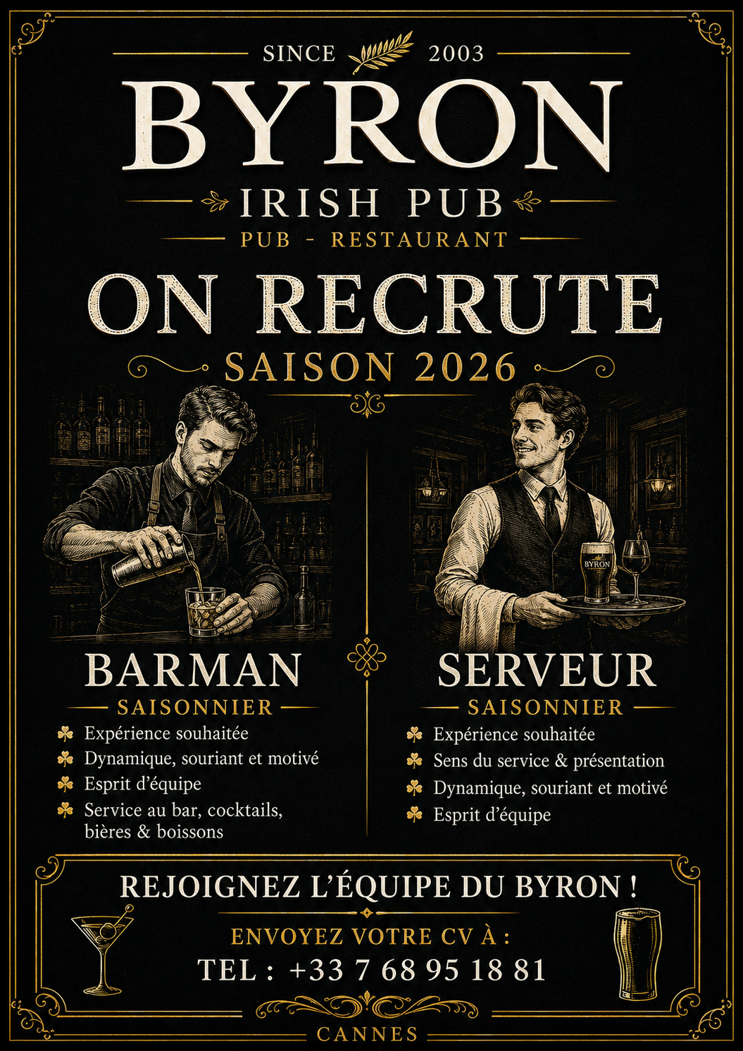 BYRON Cannes recruitment poster for season 2026, bartender and waiter seasonal positions